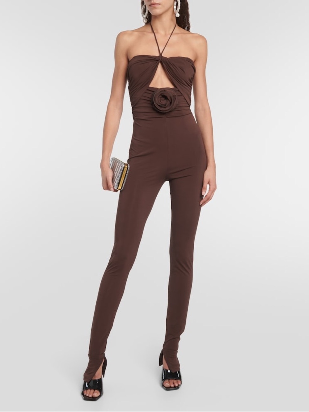 MAGDA BUTRYM Floral Appliqué Brown Strapless Jumpsuit